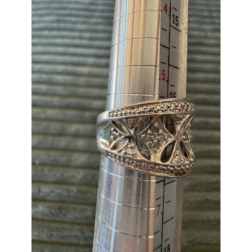 925 Sterling Silver Diamond Accent Ring, Wide Band, Size 6, RJ6, Statement‎ Ring